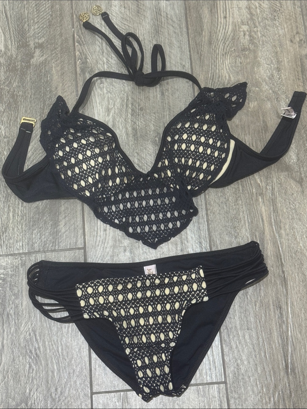 Luli Fama Black Crochet Lace Halter Bikini Set